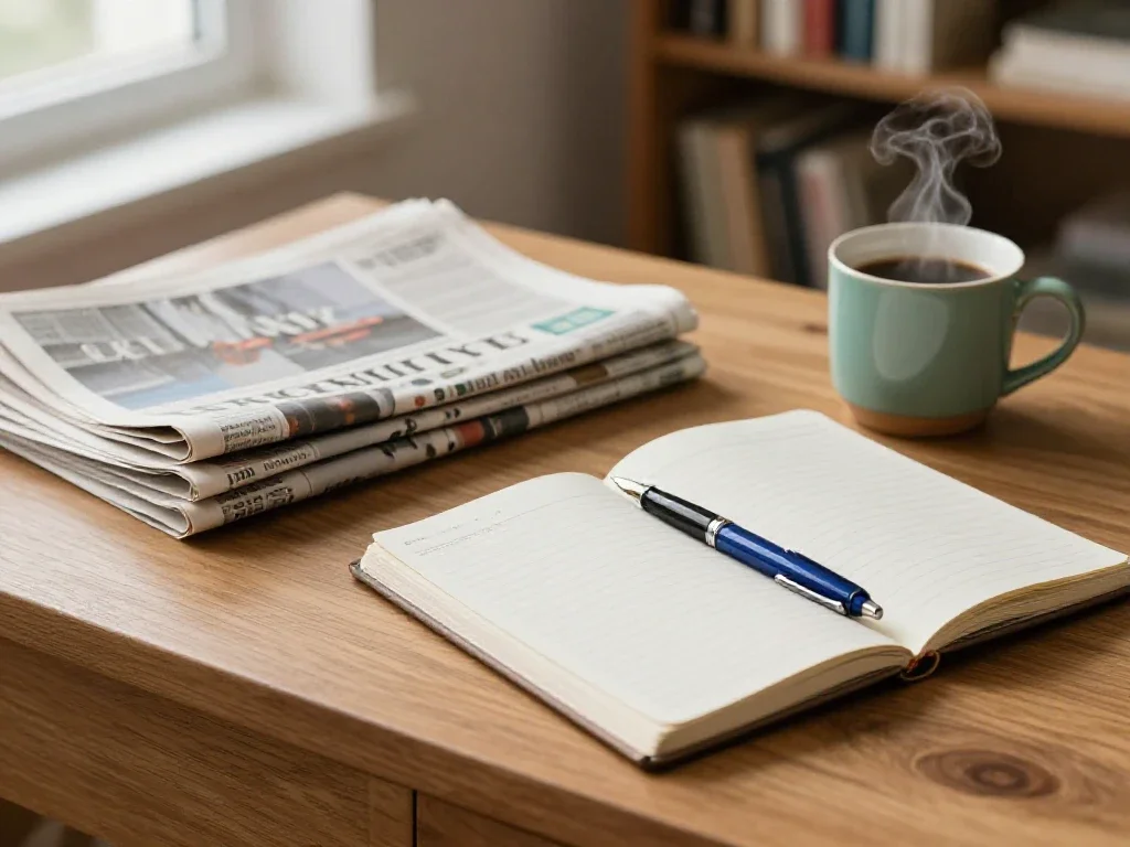 Bureau matinal avec journaux et café pour illustrer la curiosité et la culture générale.