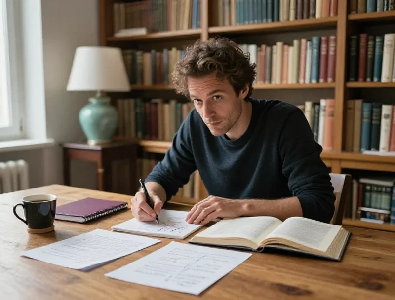Un chercheur français reliant des idées diverses parmi ses livres pour illustrer la polyvalence.