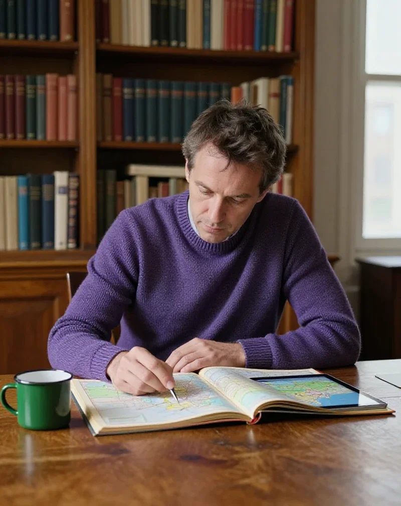 Un homme étudie plusieurs sources illustrant la polyvalence et la connexion entre les différents savoirs.